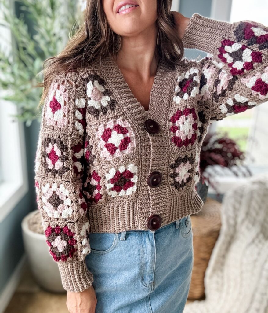 Beginner crochet cardigan pattern in progress with colorful yarn and hook