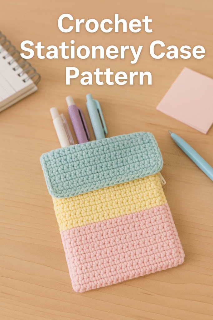 Handmade crochet stationery case in pastel colors with zipper, placed on a desk with pens inside,
