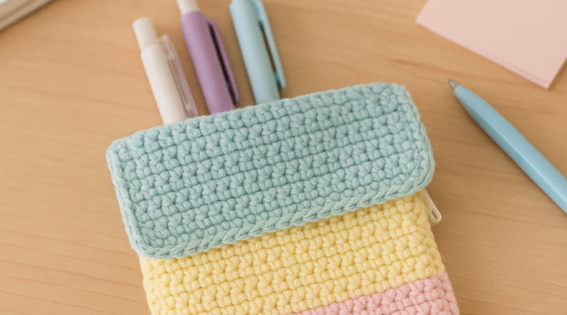 Handmade crochet stationery case in pastel colors with zipper, placed on a desk with pens inside,