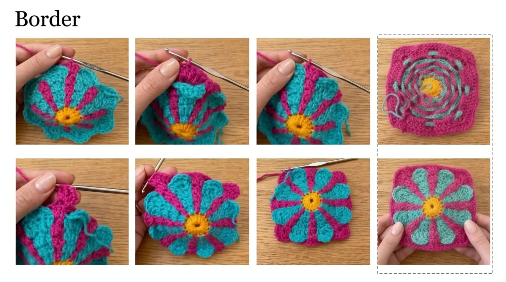 Retro daisy granny square pattern finished — completed square front and back view
