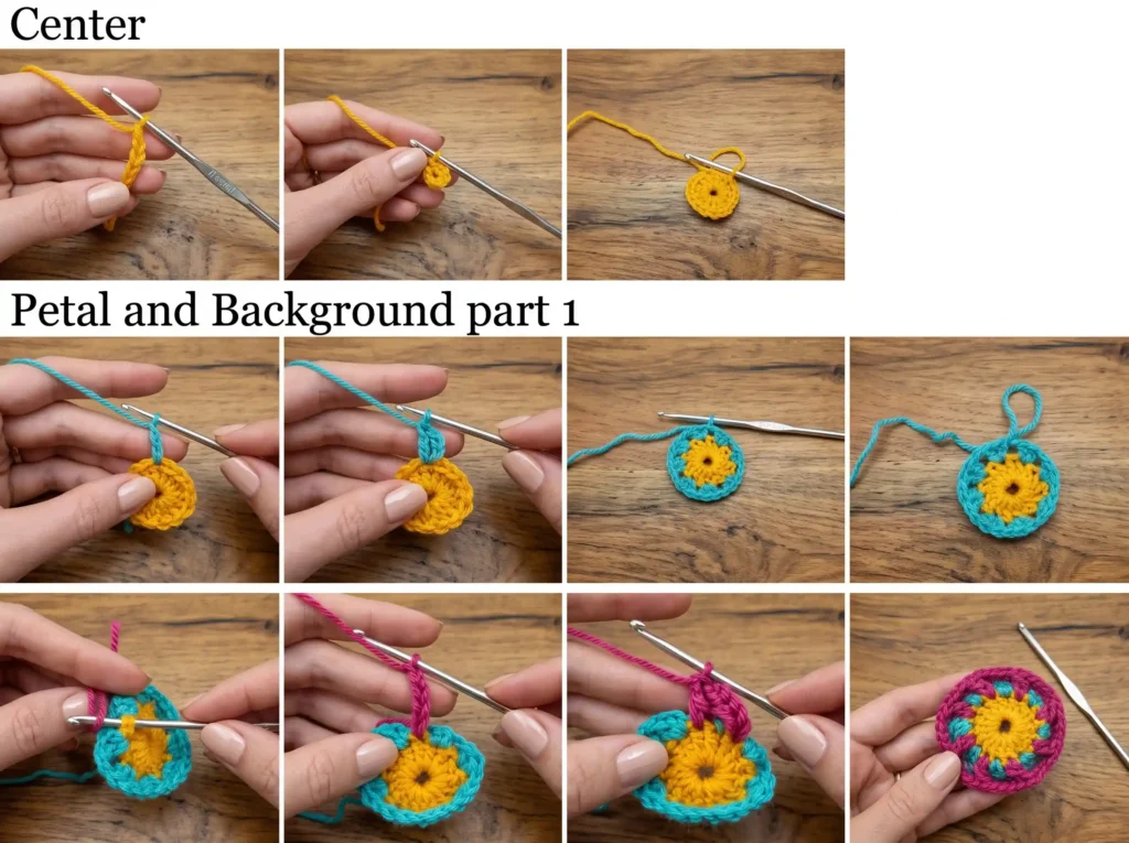 Retro daisy granny square pattern step 1 — yellow center with dc clusters completed