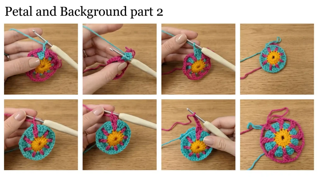Retro daisy granny square pattern step 2 — first petal and background rounds with pink and teal