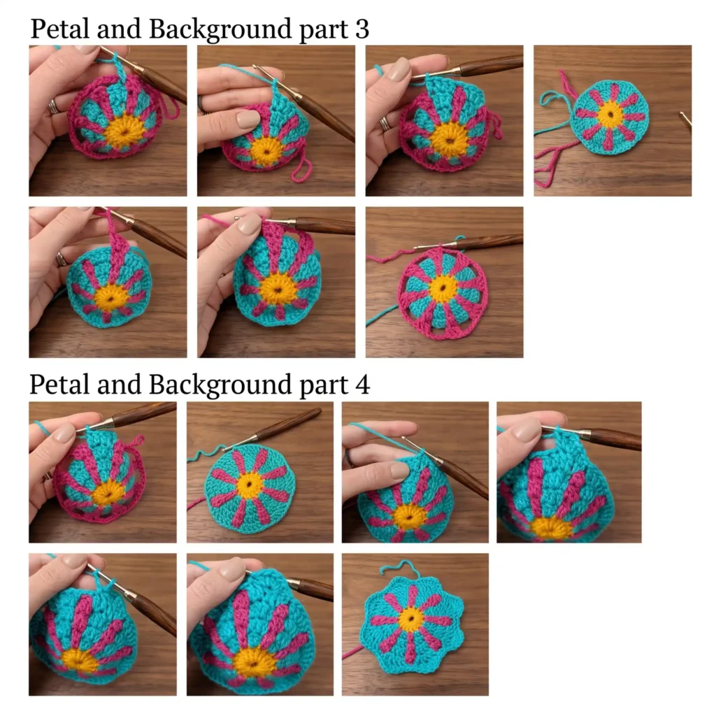 Retro daisy granny square pattern step 3 — petals growing with 3D effect forming