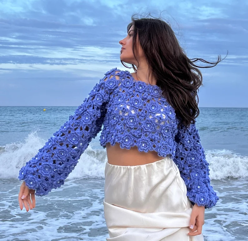 Camellia Sweater Crochet Pattern - another model with blue colors
