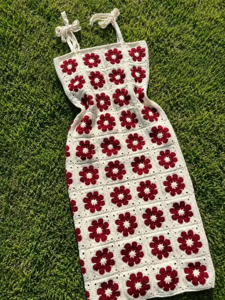 African flower granny square dress midi length in burgundy and cream on gram