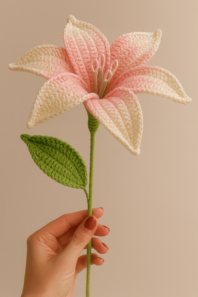 White crochet lily flower pattern with yellow center detail