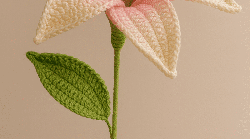 White crochet lily flower pattern with yellow center detail