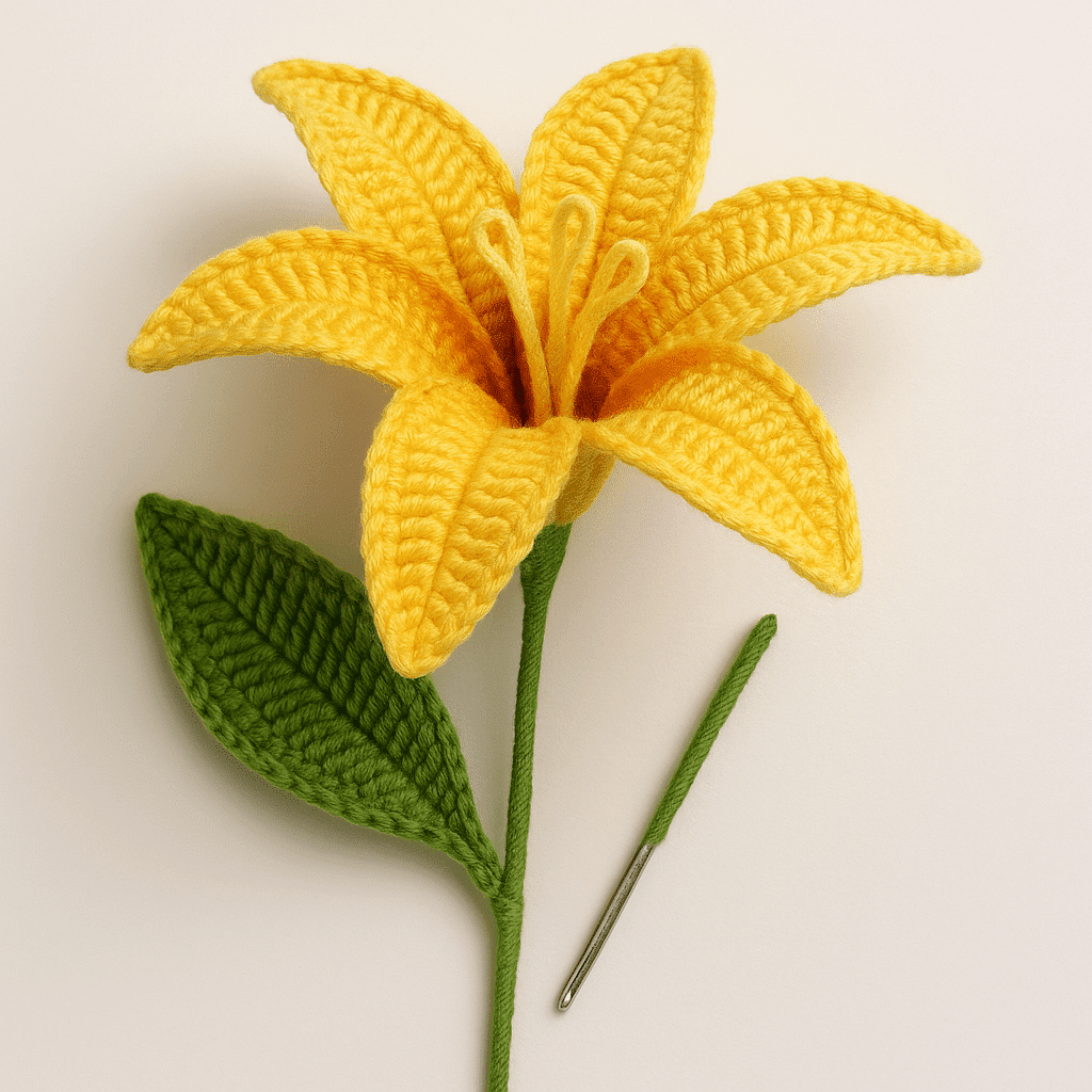 Step-by-step crochet lily pattern in progress with cotton yarn