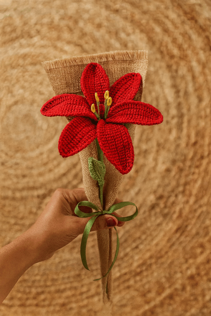 Crochet lily bouquet arranged with green leaves
