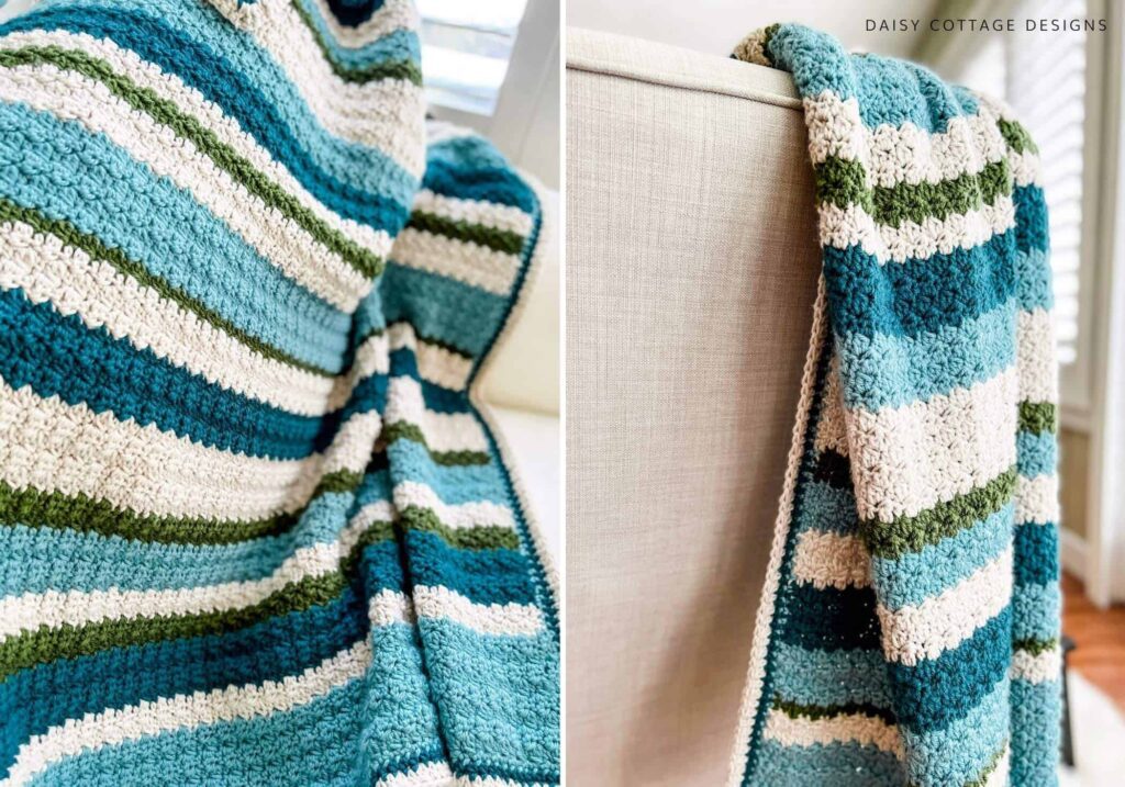 Striped coastal lightweight crochet blanket with bold summer colors and soft drape