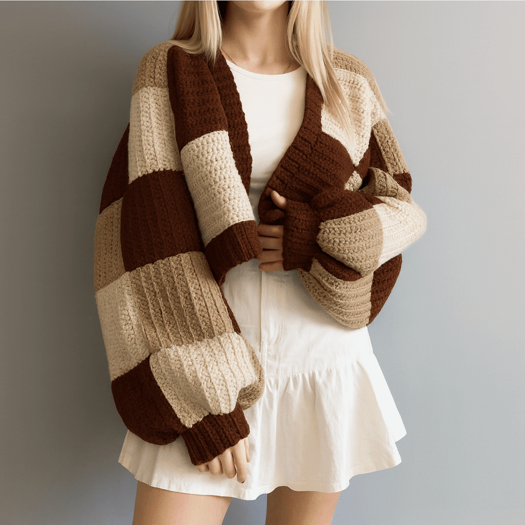 Handmade patchwork crochet cardigan with colorful granny squares laid flat on a wooden table