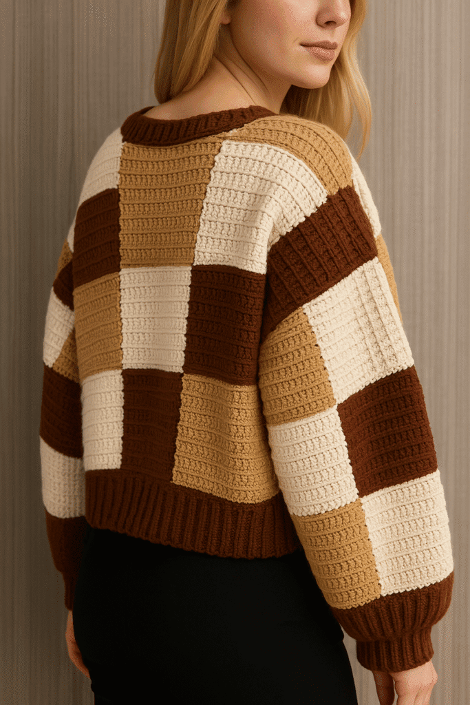 Model wearing an oversized patchwork crochet cardigan inspired by Harry Styles