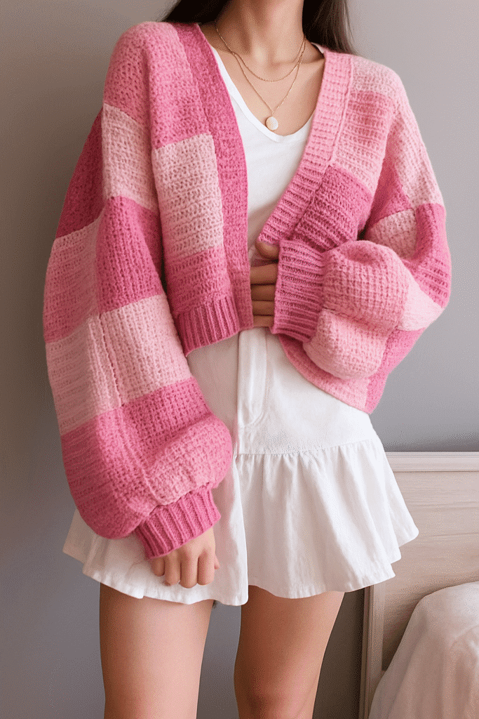 Close-up of granny square details on a patchwork crochet cardigan, showing textured stitches