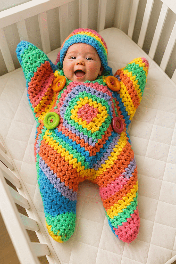 Creative variation of Crochet Starship in rainbow yarn for playful design
