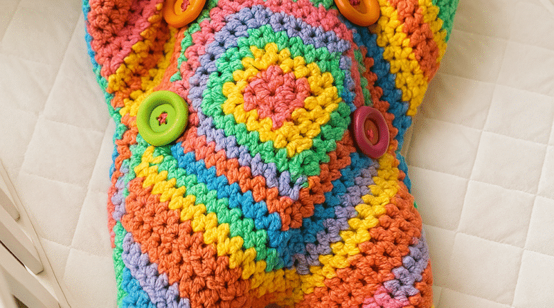 Creative variation of Crochet Starship in rainbow yarn for playful design