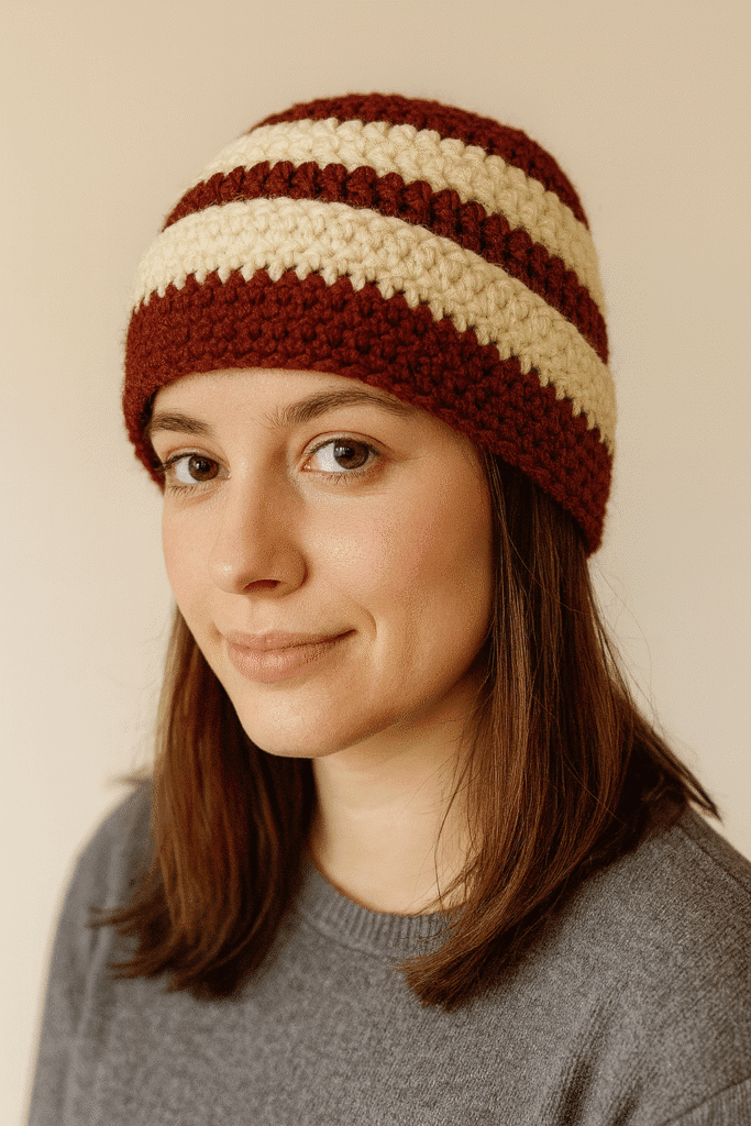 Woman wearing cozy crochet beanie with ribbed brim