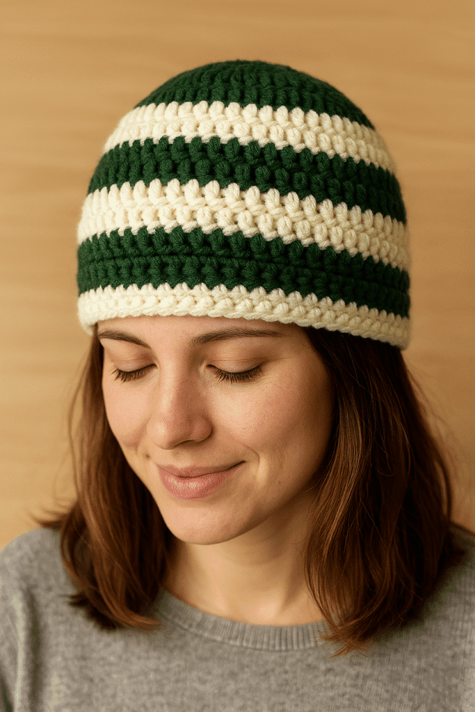 Handmade crochet beanie in neutral yarn displayed on wooden table