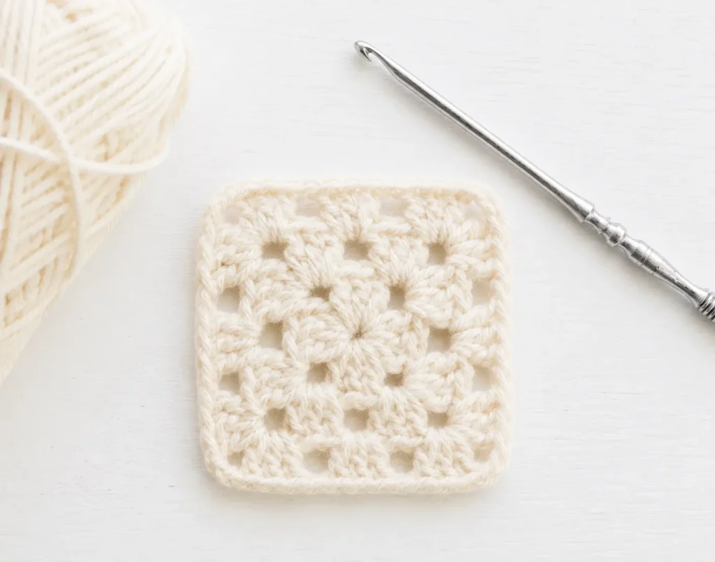 Easy granny square pattern finished 3-round granny square with hook and yarn