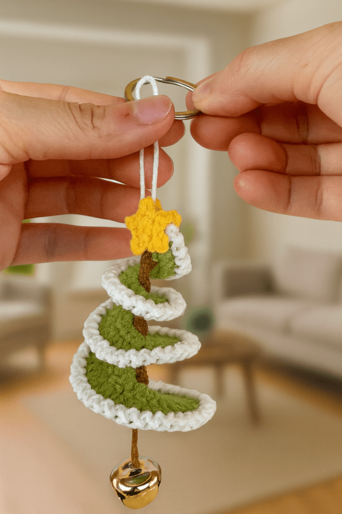 Mini Christmas tree crochet project made with simple stitches, illustrating a free and easy tutorial on how to crochet a mini Christmas tree.