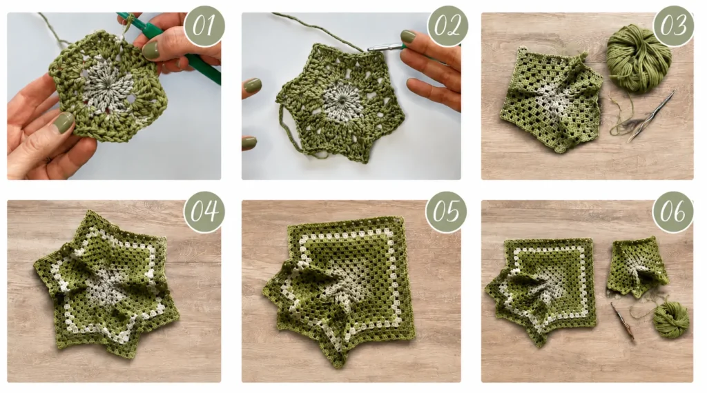 Crochet hexagon cardigan pattern - step by step rounds showing the hexagon motif taking shape