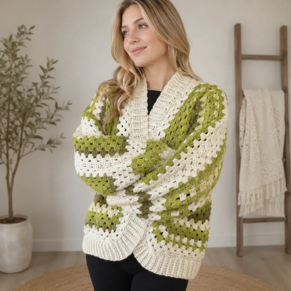Crochet hexagon cardigan pattern - finished cardigan in green tones worn and folded
