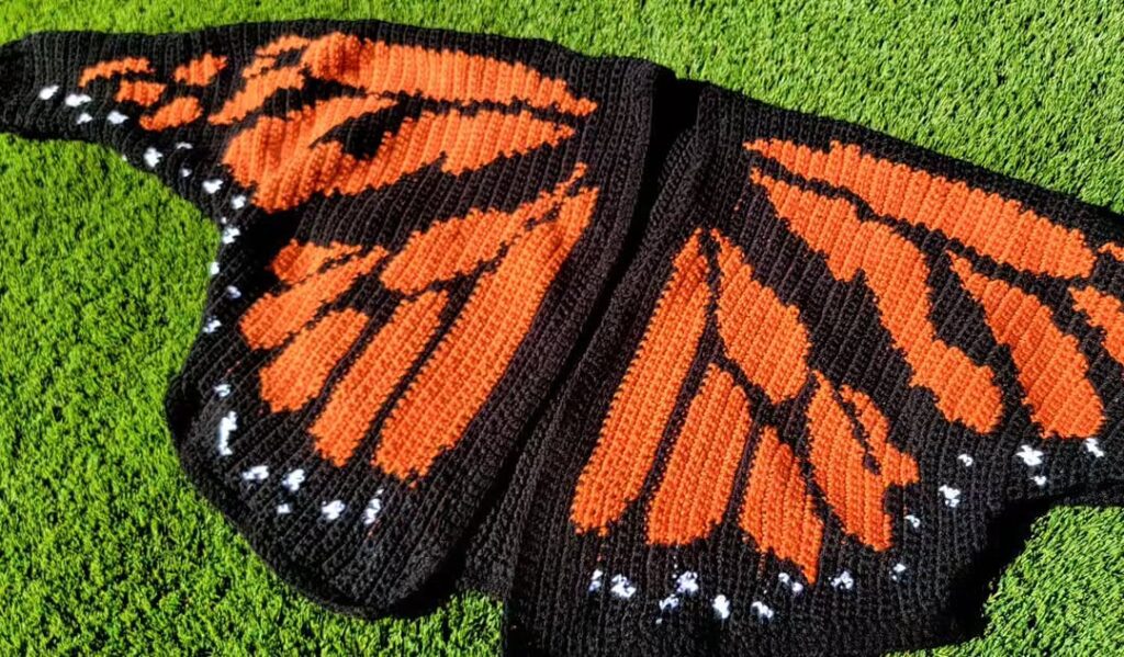 Crochet chart and yarn skeins ready for the Monarch Butterfly Cardigan project