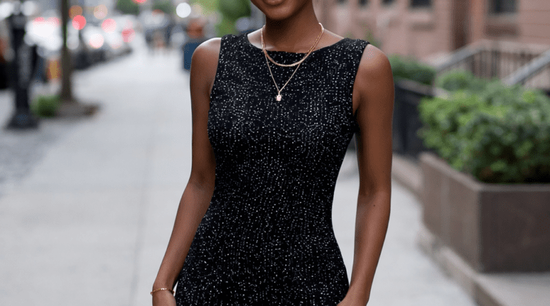 Model wearing the Noctiluca Dress Crochet Pattern, a modern lace black crochet dress with an elegant fitted silhouette