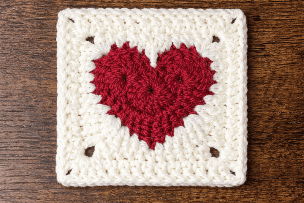 Crochet heart granny square pattern with red heart center and white border displayed on a wooden background