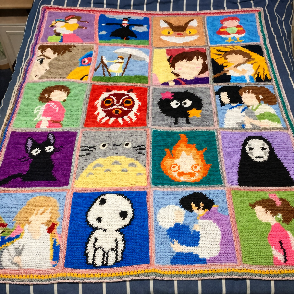 Handmade anime crochet blanket with pixel-style character squares, Ghibli inspired design, black borders and vibrant colorwork panels displayed on wooden floor.