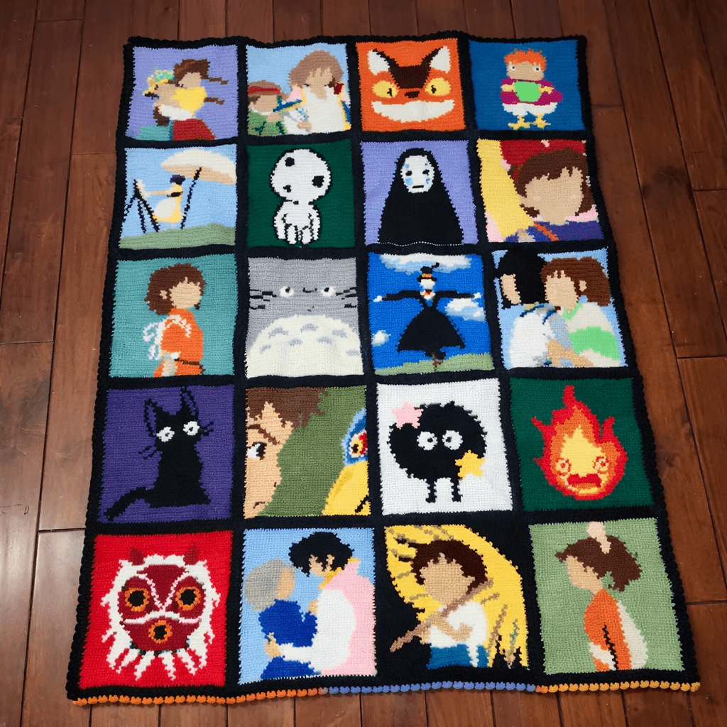 Studio Ghibli inspired anime crochet blanket pattern made with 16 character granny square panels, featuring Totoro, No-Face, Calcifer and other Ghibli-style figures in colorful crochet blocks.
