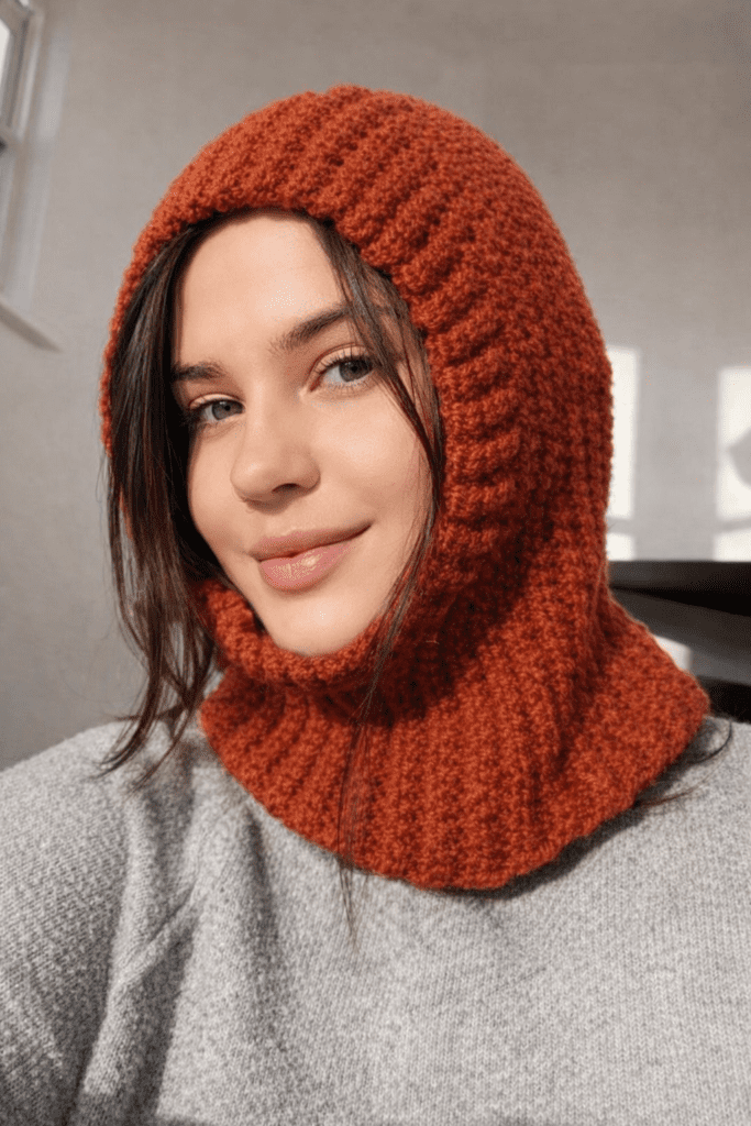 Close-up of a handmade crochet hood created from a Free Crochet Balaclava Pattern, highlighting soft yarn, ribbed stitches, and a comfortable winter design.