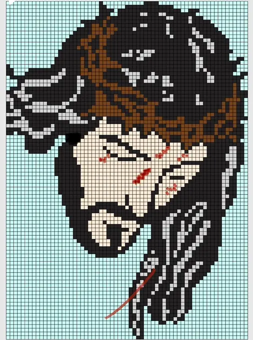 Jesus Christ tapestry crochet chart showing detailed face with crown of thorns, created in grid pattern for colorwork crochet