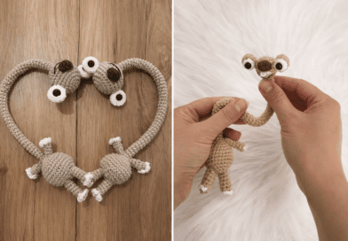 Sid crochet bag keychain pattern inspired by Ice Age, handmade amigurumi sloth keychain displayed as a cute crochet bag charm.