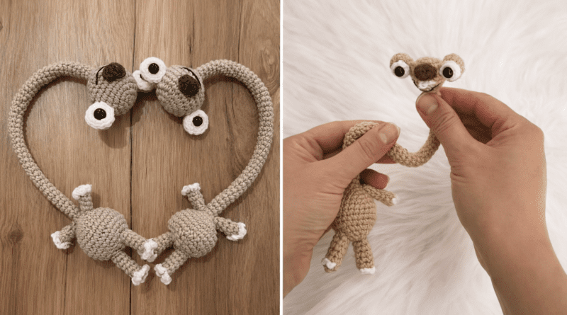 Sid crochet bag keychain pattern inspired by Ice Age, handmade amigurumi sloth keychain displayed as a cute crochet bag charm.
