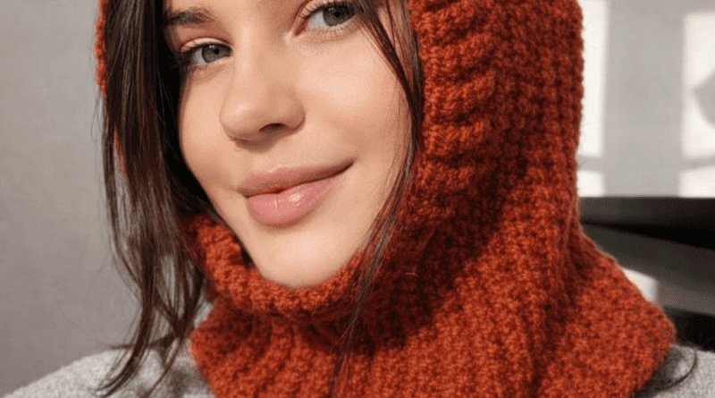 Close-up of a handmade crochet hood created from a Free Crochet Balaclava Pattern, highlighting soft yarn, ribbed stitches, and a comfortable winter design.