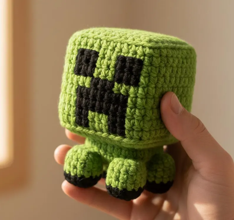Minecraft crochet creeper amigurumi green cube character plush