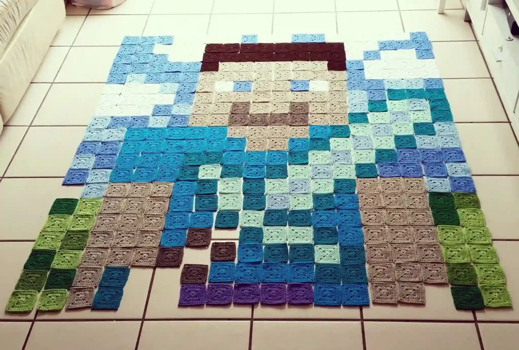 Minecraft crochet granny square blanket pixel design layout