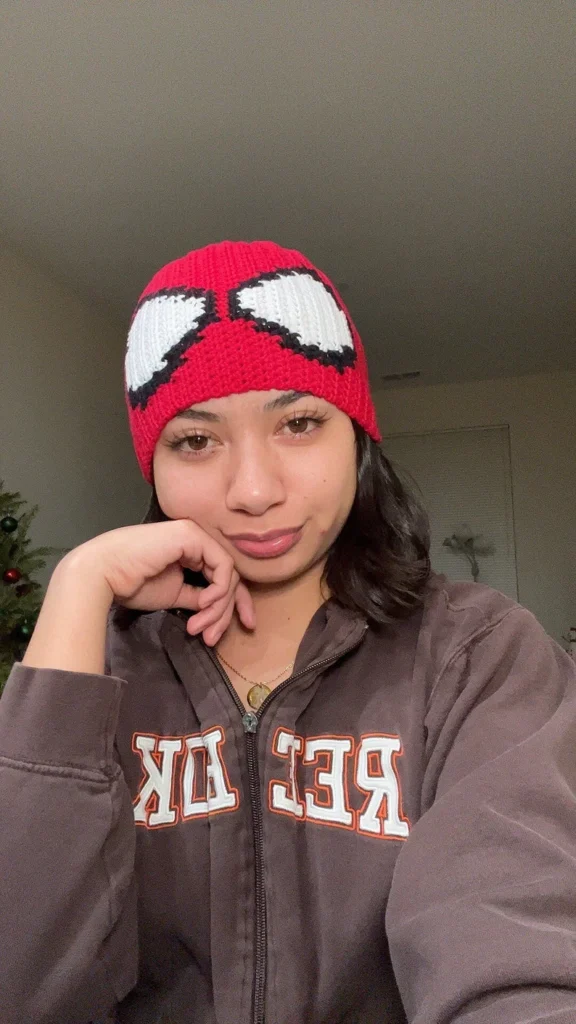 Spiderman crochet beanie in red and blue with simple web design