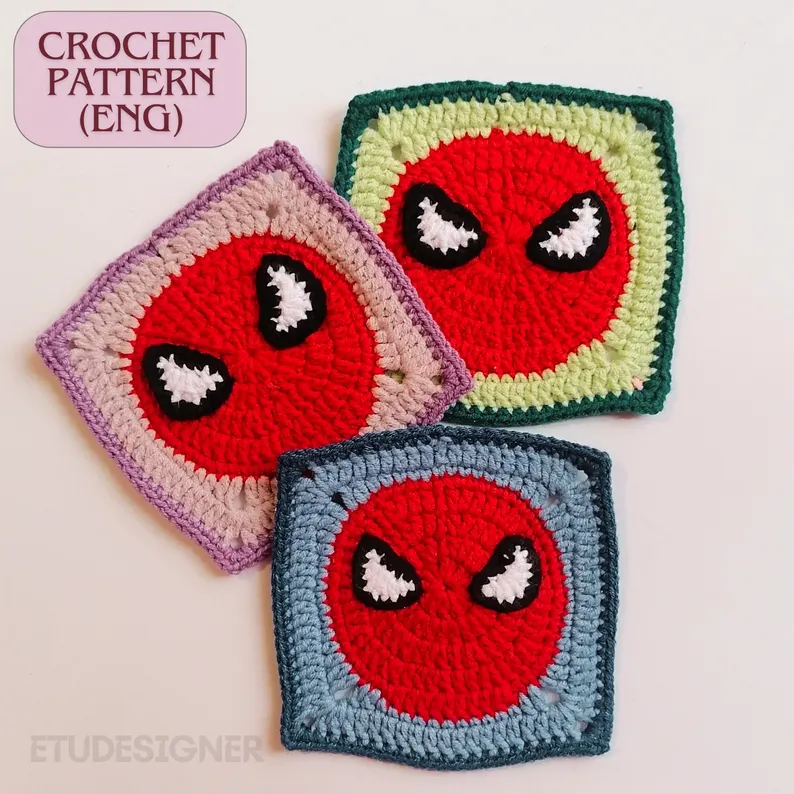 Spiderman crochet granny square pattern with red blue and black colors