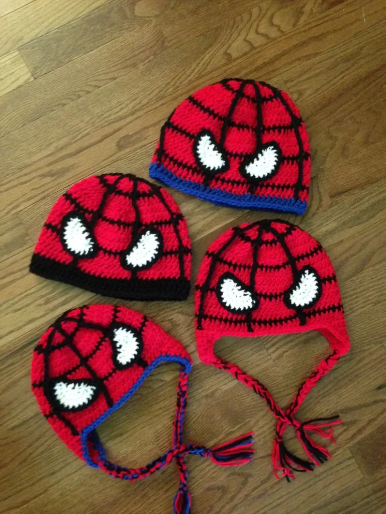 Spider Man crochet hat with detailed web stitching pattern