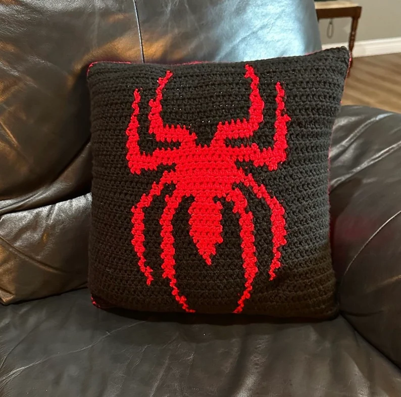 Spider Man crochet pillow graph pattern with pixel style superhero design