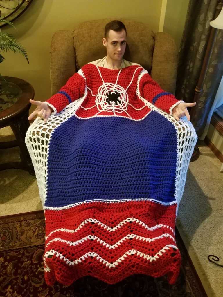 Spider Man crochet wearable blanket for kids with hood and web design