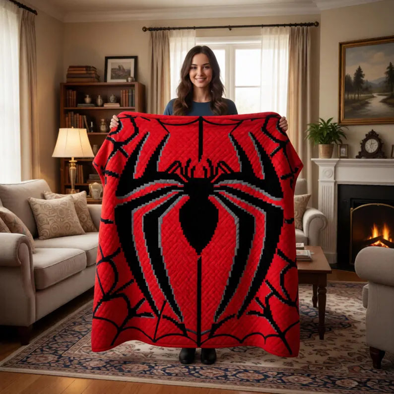 Spider-Man crochet patterns graphghan blanket with pixel style superhero image
