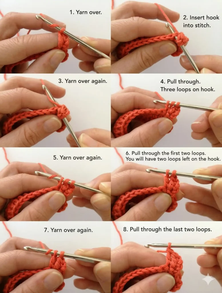 Double crochet stitch step by step tutorial showing all 8 movements
