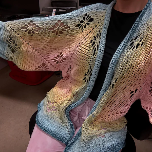 Modern hexagon cardigan made with Kristee Cardigan Crochet Pattern styled in everyday outfit