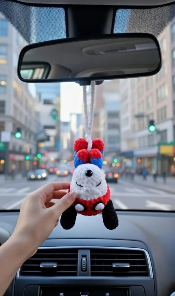 Snoopy Spider Man crochet car hanger hanging from rearview mirror