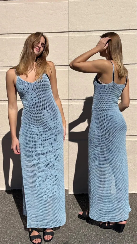 Floral crochet maxi dress pattern with feminine design