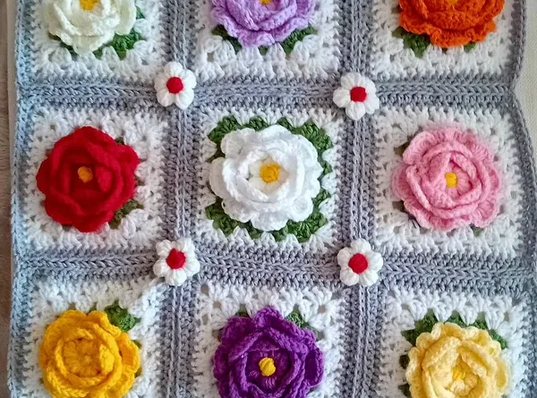 3D rose granny square crochet pattern with layered petals close-up
