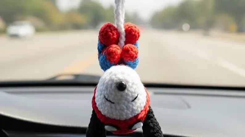 Handmade crochet Snoopy Spider-Man amigurumi car charm