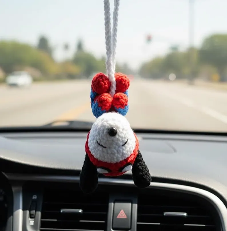 Handmade crochet Snoopy Spider-Man amigurumi car charm